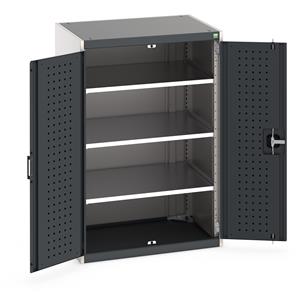 Heavy Duty Bott cubio cupboard with perfo panel lined hinged doors. 800mm wide x 650mm deep x 1200mm high with 3 x100kg capacity shelves.... Bott Tool Storage Cupboards for workshops with Shelves and or Perfo Doors